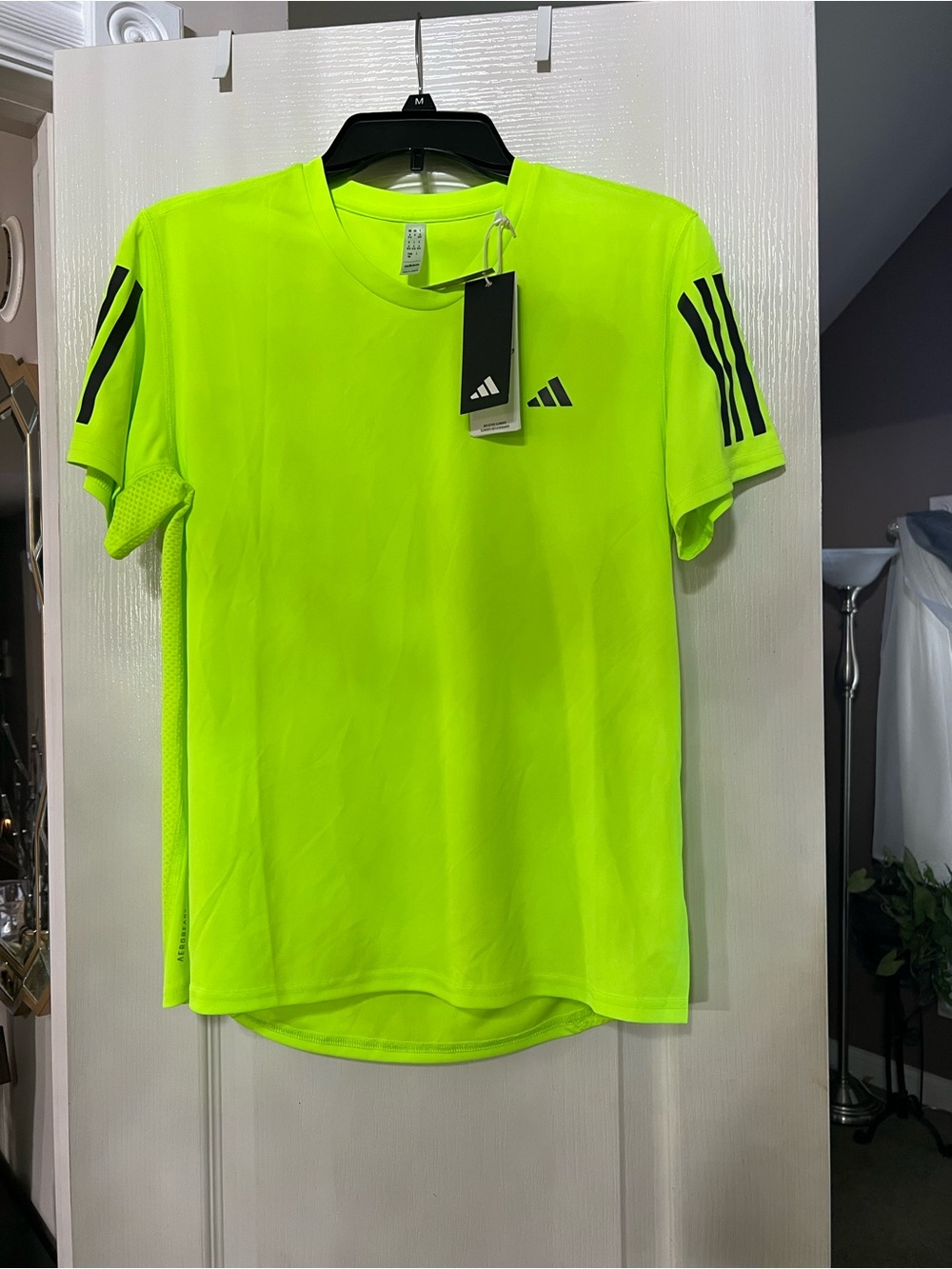 adidas Neon Yellow Short Sleeve Performance Tee with Black Stripes